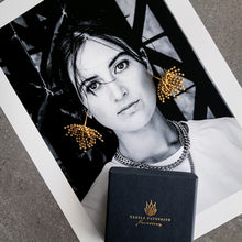 Load image into Gallery viewer, Teuila Fatupaito Starburst Studs in 18k gold plated stainless steel, front view showing radiant chandelier design and Teuila branding