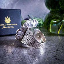 Load image into Gallery viewer, Teuila Fatupaito Hibiscus Ring in solid 925 sterling silver, close-up detail of intricate hibiscus flower pattern