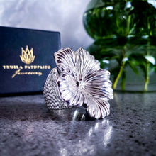 Load image into Gallery viewer, Teuila Fatupaito Hibiscus Ring in solid 925 sterling silver, side angle view showing the substantial 33mm height