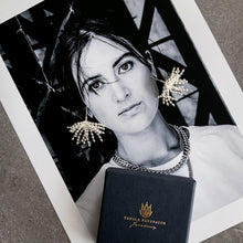 Load image into Gallery viewer, Teuila Fatupaito Starburst Studs in silver, front view showing radiant chandelier design and Teuila branding