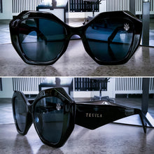 Load image into Gallery viewer, Teuila Fatupaito Honeyz sunglasses, close-up detail of geometric frames and UV400 protective lenses with black
frames