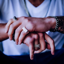 Load image into Gallery viewer, Teuila Fatupaito Fractured Rec Ring worn on finger, demonstrating how the textured rectangular design sits on the hand