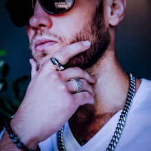 Load image into Gallery viewer, Teuila Fatupaito Jagged Edge Band Ring worn on finger, demonstrating how the textured band sits on the hand