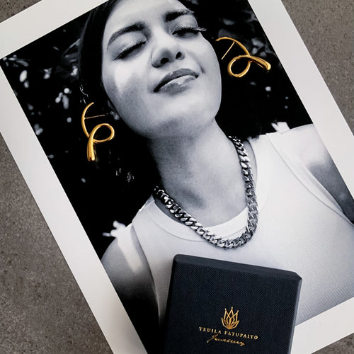 Teuila Fatupaito Flux Studs in 18k gold plated stainless steel, front view showing fluid contemporary design