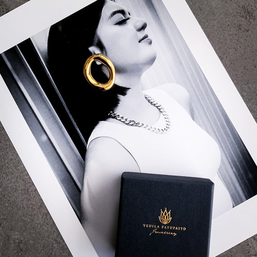 Teuila Fatupaito Irregular Hoop Studs in 18k gold plated stainless steel, front view showing unique organic shape