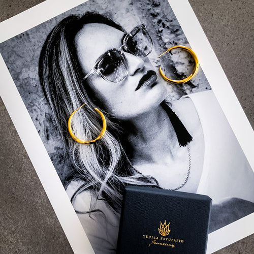 Teuila Fatupaito Aurora Hoops in 18k gold plated stainless steel, front view showing classic round design