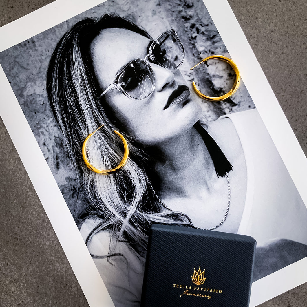 Teuila Fatupaito Aurora Hoops in 18k gold plated stainless steel, front view showing classic round design