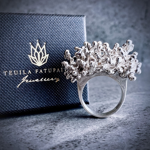 Molten Lustre Silver Ring by 'Teuila Fatupaito' Front view 