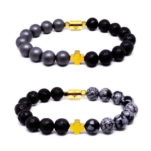 Teuila Fatupaito good vibes bracelet, golden hematite, black lave and snowflake obsidian 