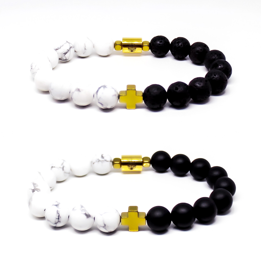 Teuila Fatupaito good vibes bracelet, golden hematite, natural white hoplite and black lava