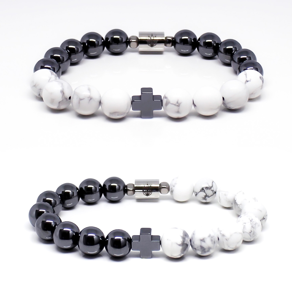 Teuila Fatupaito good vibes bracelets, silver hematite and natural white hoplite