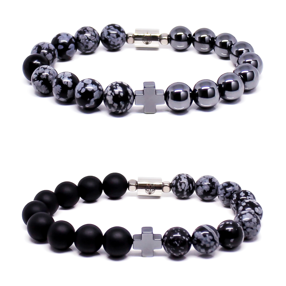 Teuila Fatupaito good vibes bracelets, silver hematite, matte black and snowflake obsidian